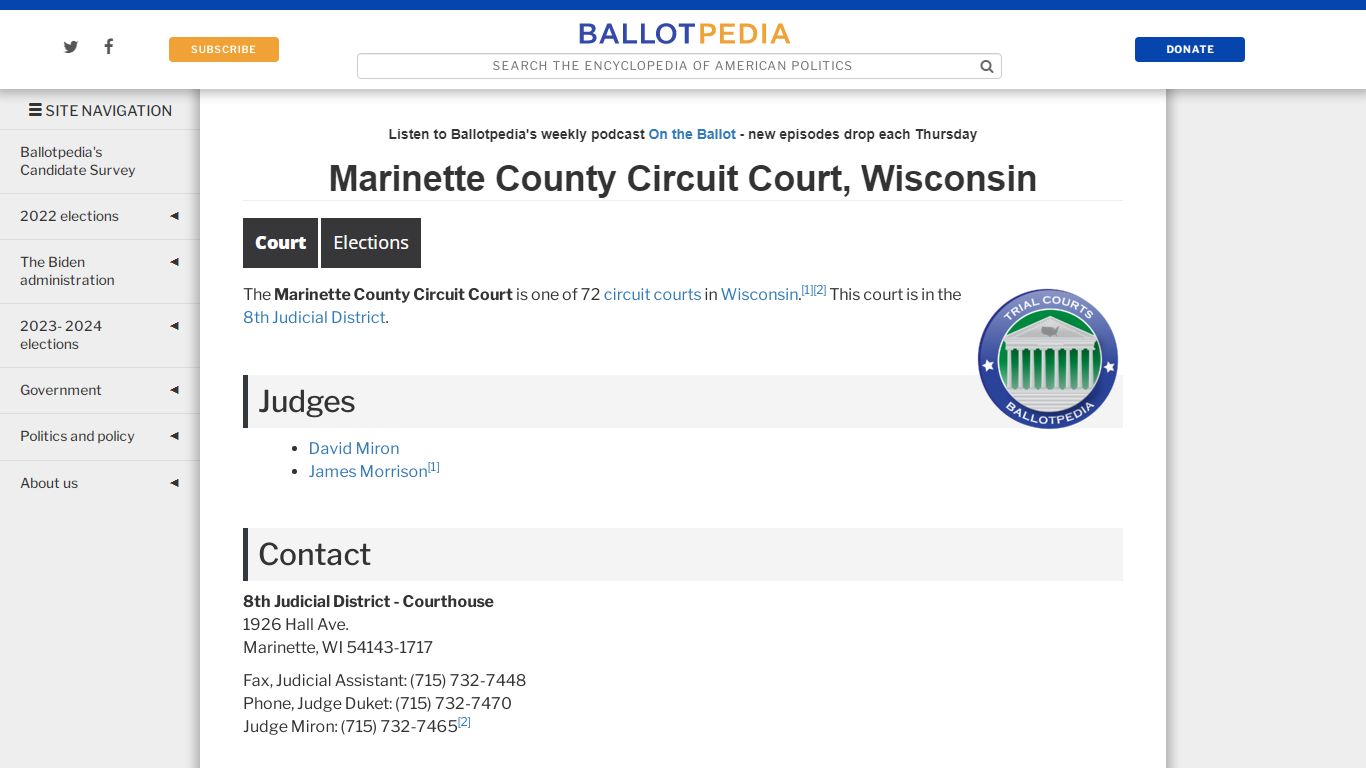 Marinette County Circuit Court, Wisconsin - Ballotpedia